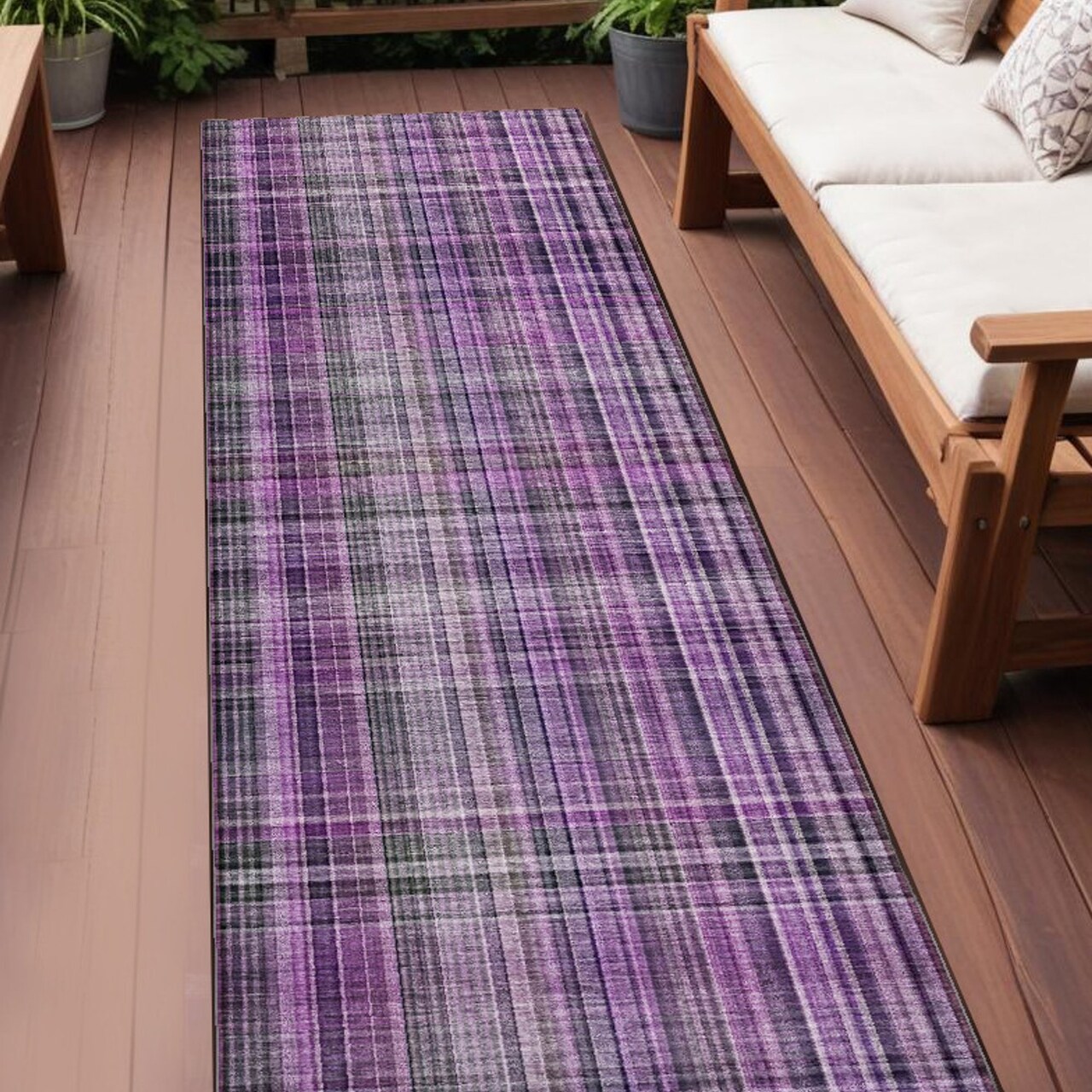 Edge Collections - 8' - Purple - Plaid Indoor-Outdoor Runner Rug - 1 Piece